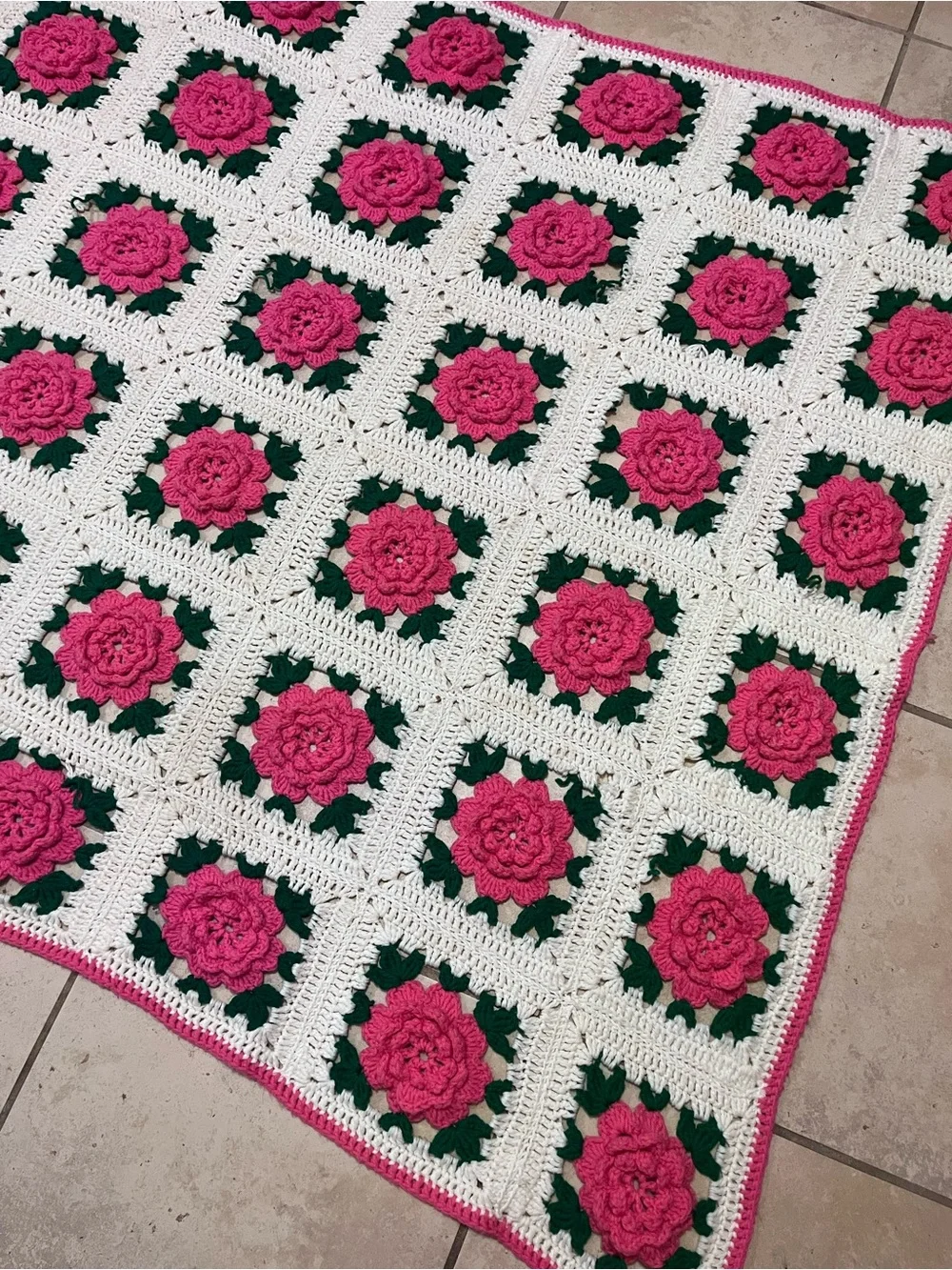 Handmade Crochet Rose Granny Square Throw Blanket Pink Floral Cottagecore 55x65